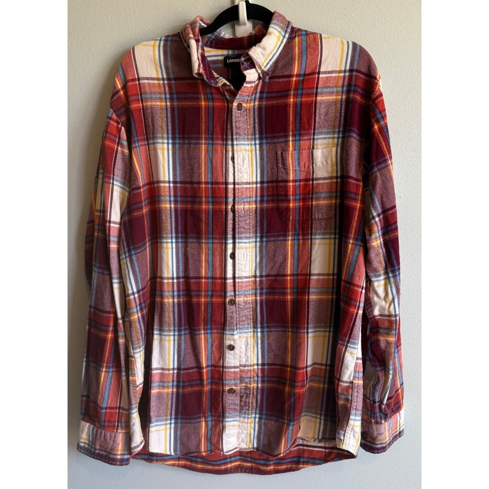 Lands' End Mens Cotton Button Down Shirt L/T Red Plaid Flannel Lumberjack Cabin